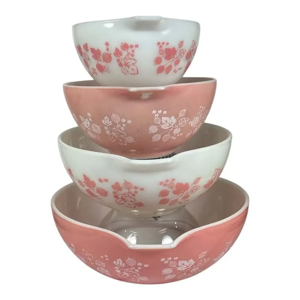 Vtg Set 4 PYREX Gooseberry Cinderella Nesting Mixing Bowls Pink 441 442 443 444